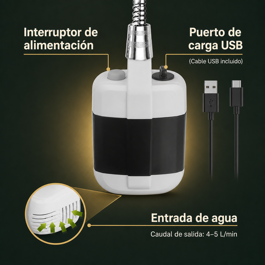 Ducha Portátil Recargable — controles y carga USB